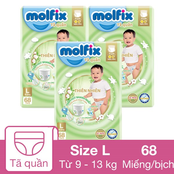 Combo 3 Tã Quần Molfix Thiên Nhiên Size L 68 Miếng/Bịch (9 - 13 Kg)