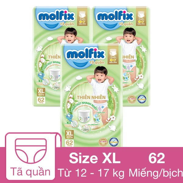 Combo 3 Tã Quần Molfix Thiên Nhiên Size Xl 62 Miếng/Bịch (12 - 17 Kg)