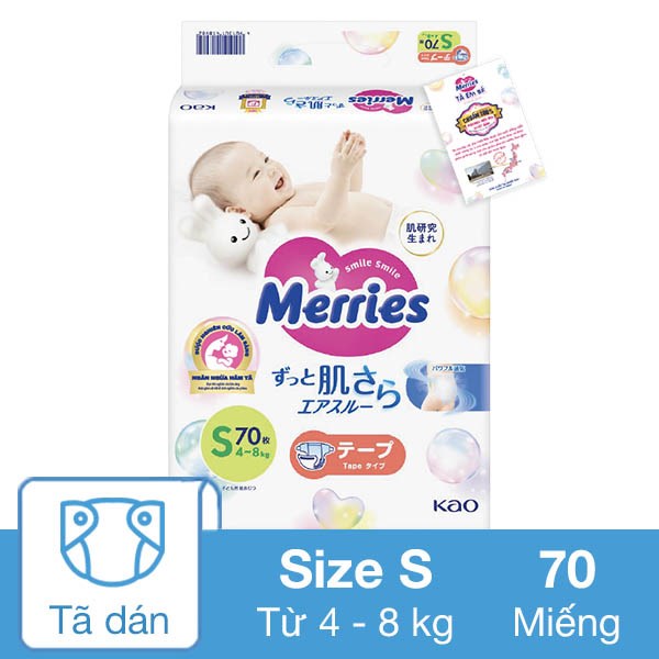 Tã Dán Merries Size S 70 Miếng (4 - 8 Kg) - Mẫu Mới