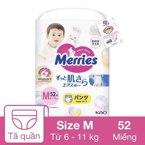 Tã Quần Merries Size M 52 Miếng (6 - 11 Kg) - Mẫu Mới