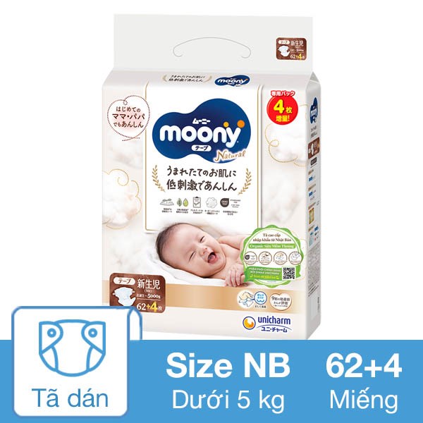 Tã Dán Moony Natural Size Nb 62 + 4 Miếng (Dưới 5 Kg)