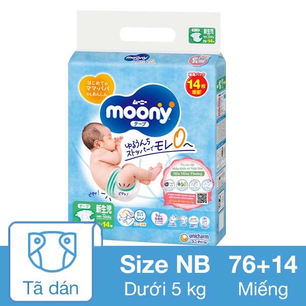 Tã Dán Moony Size Nb 76 + 14 Miếng (Dưới 5 Kg)