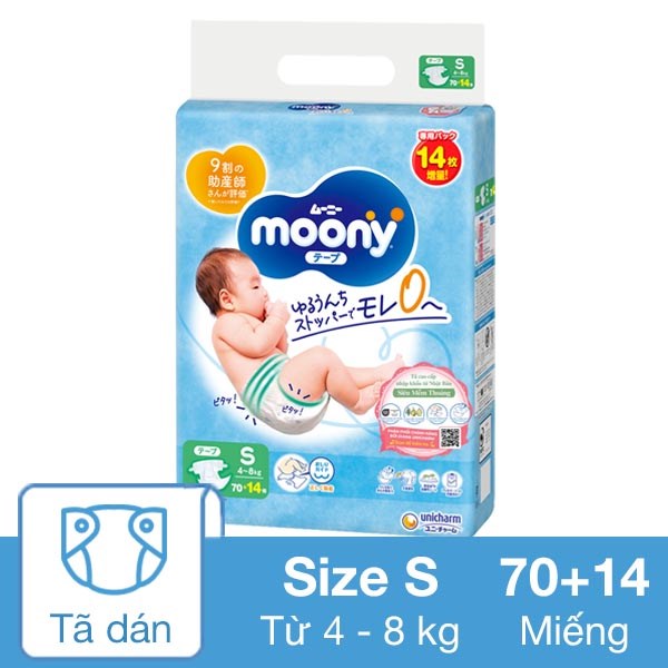 Tã Dán Moony Size S 70 + 14 Miếng (4 - 8 Kg)