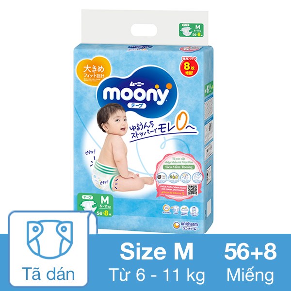 Tã Dán Moony Size M 56 + 8 Miếng (6 - 11 Kg)