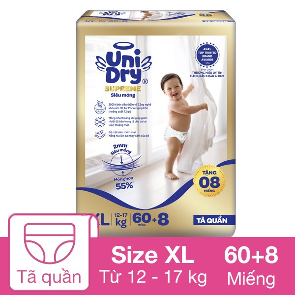 Tã Quần Unidry Supreme Thin & Soft Size Xl 60 + 8 Miếng (12 - 17 Kg)