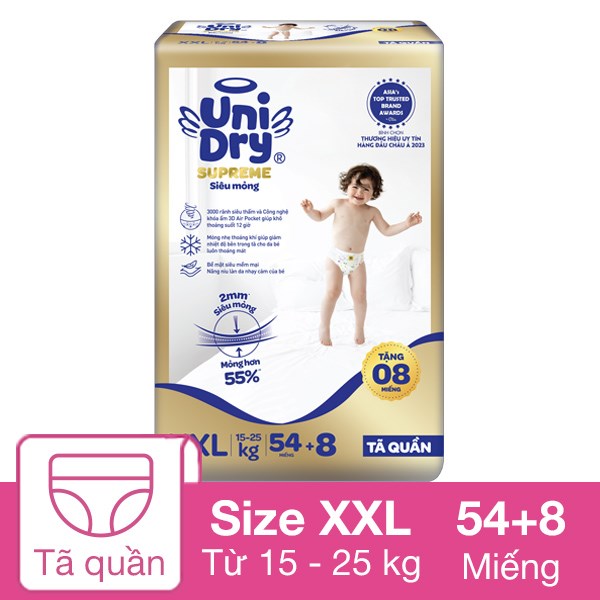 Tã Quần Unidry Supreme Thin & Soft Size Xxl 54 + 8 Miếng (15 - 25 Kg)