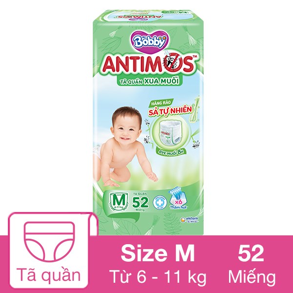 Tã Quần Bobby Antimos Xua Muỗi Size M 52 Miếng (6 - 11 Kg)