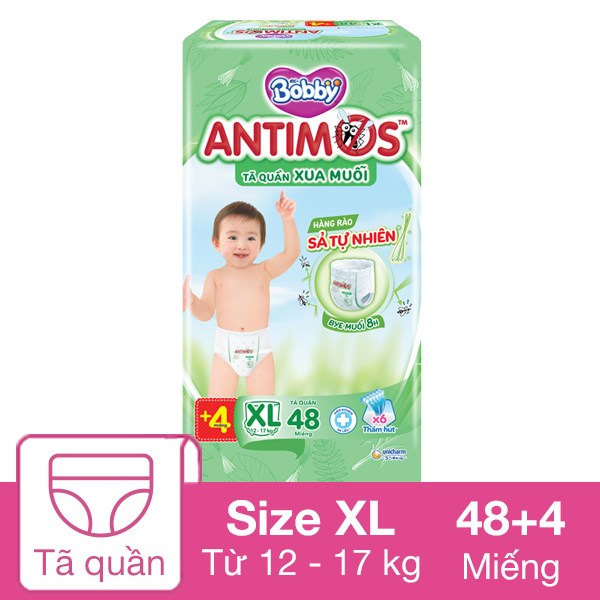 Tã Quần Bobby Antimos Xua Muỗi Size Xl 48 + 4 Miếng (12 - 17 Kg)