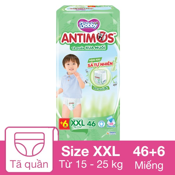 Tã Quần Bobby Antimos Xua Muỗi Size Xxl 46 + 6 Miếng (15 - 25 Kg)