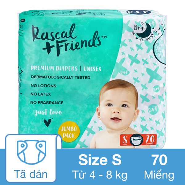 Tã Dán Rascal + Friends Size S 70 Miếng (4 - 8 Kg)