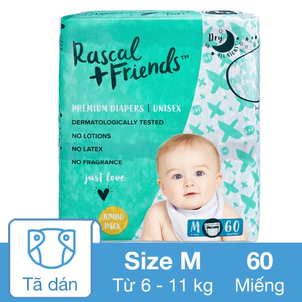 Tã Dán Rascal + Friends Size M 60 Miếng (6 - 11 Kg)