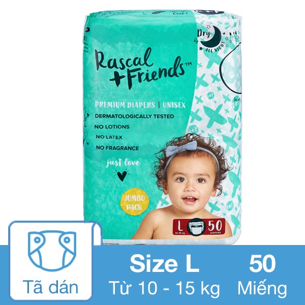 Tã Dán Rascal + Friends Size L 50 Miếng (10 - 15 Kg)