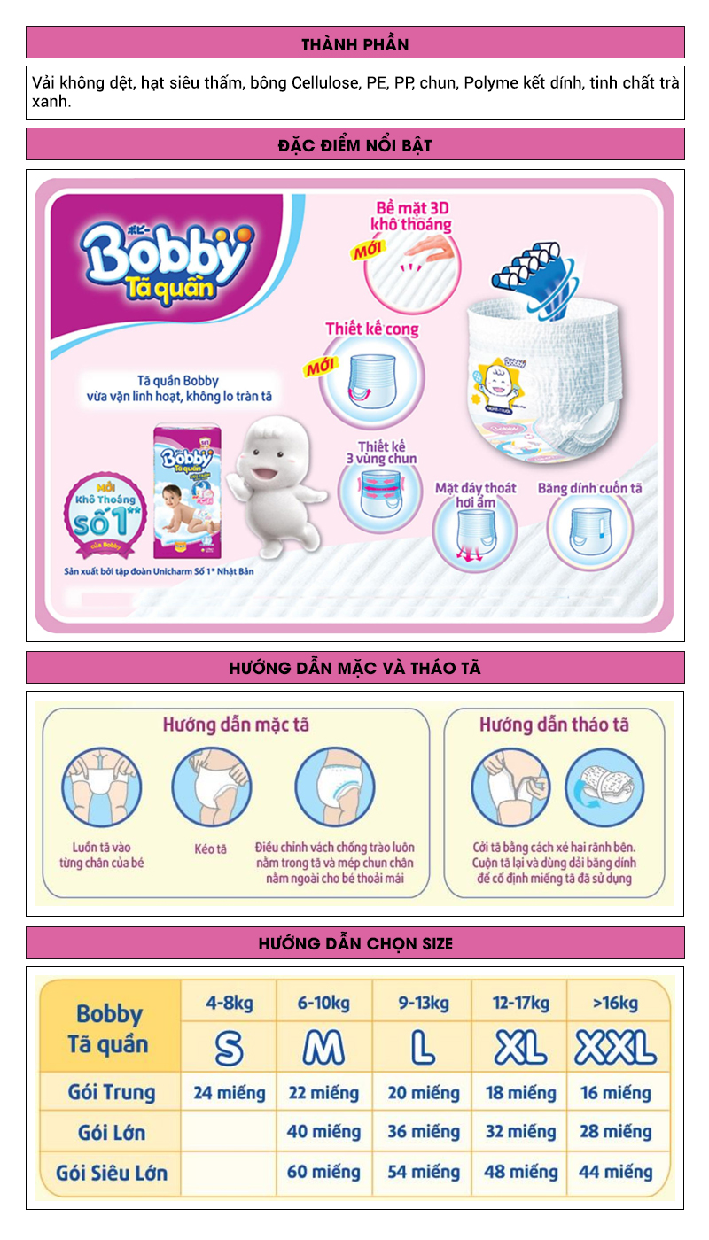 Tã quần Bobby size L 38 miếng (cho bé 9 - 13kg) 0