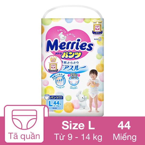 Tã quần Merries size L 44 miếng (9 – 14 kg)