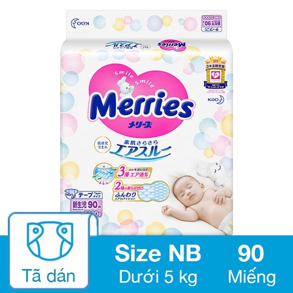 Tã dán Merries size NB 90 miếng (Dưới 5 kg)