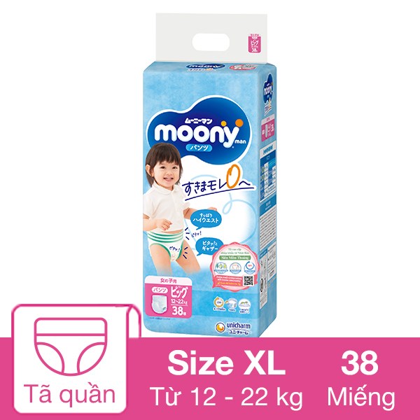 Tã quần cho bé gái Moony man size XL 38 miếng (12 – 22 kg)