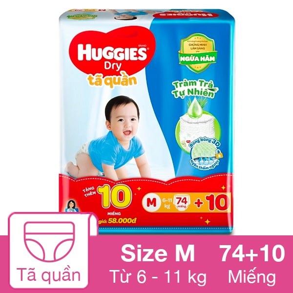 Tã quần Huggies Dry size M 74 + 10 miếng (6 – 11 kg)
