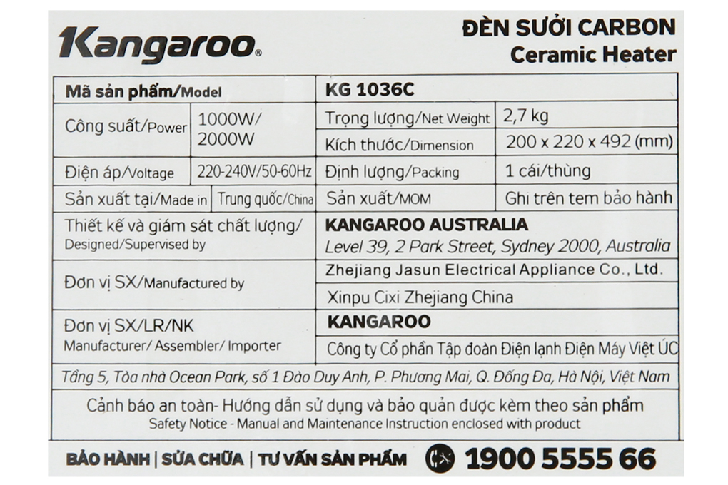 Công suất 2000 W - Quạt sưởi gốm Kangaroo KG1036C - KG 2000 W