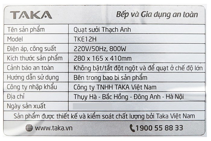 Quạt sưởi halogen Taka TKE12H 800 W Màu Trắng