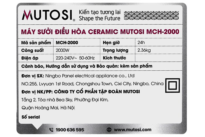 Máy sưởi gốm Ceramic Mutosi MCH-2000 Màu Trắng