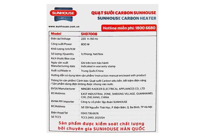 Quạt sưởi carbon Sunhouse SHD7008 Trắng Màu Trắng
