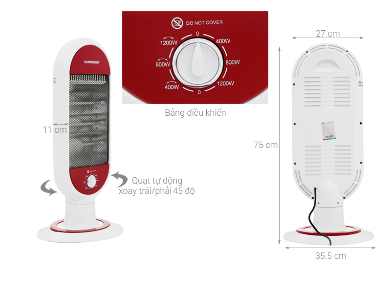 Thông số kỹ thuật Quạt sưởi Sunhouse SHD7022 1200 W