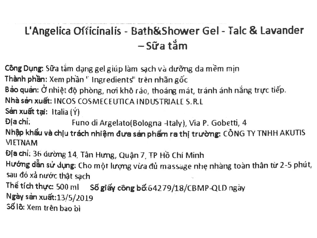 Sữa tắm L'Angelica Talc & Lavander 500ml 4