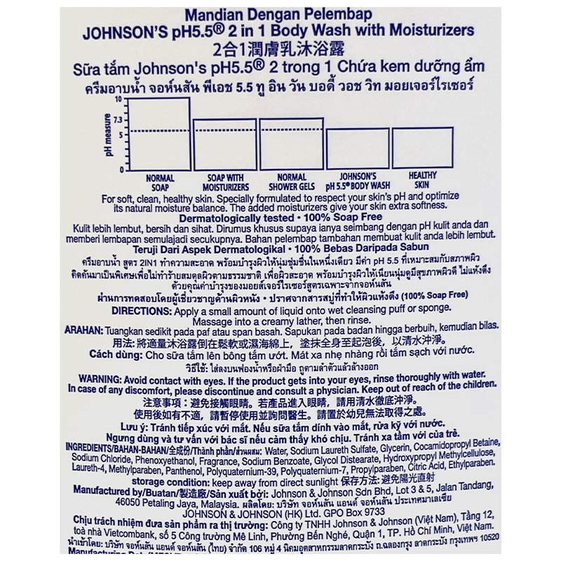 Sữa tắm dưỡng ẩm 2 trong 1 Johnson's pH 5.5