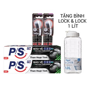 Combo 2 kem đánh răng than hoạt tính 180g và 2 bàn chải P/S Charcoal tặng 1 bình Lock and Lock 1 lít