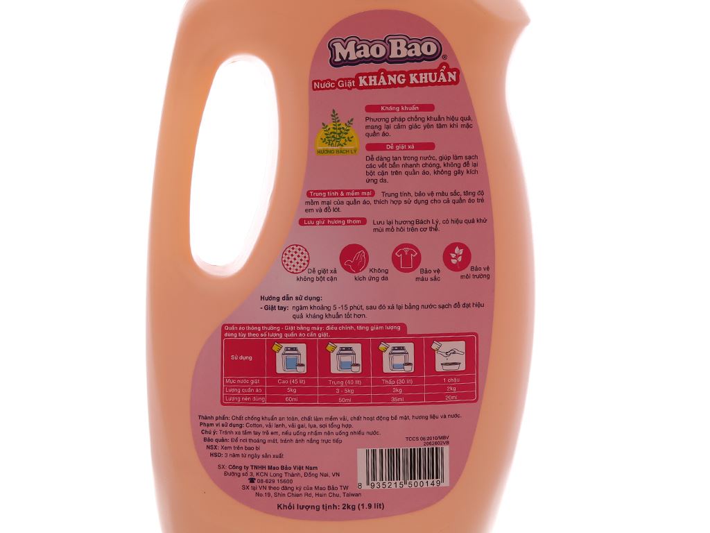 Nước giặt Mao Bao kháng khuẩn hương bách lý chai 1.9 lít 2