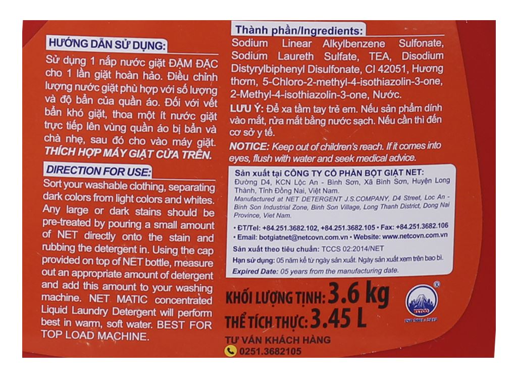 Nước giặt NET Matic đậm đặc chai 3.45 lít 5