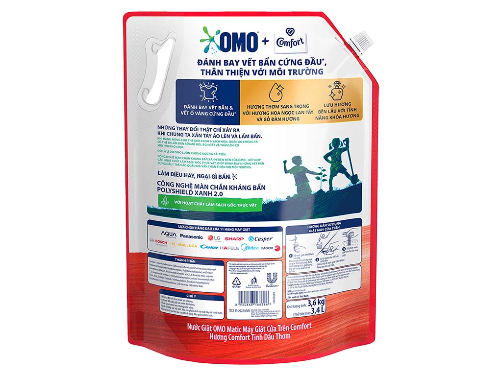 Nước giặt OMO Matic cửa trên hương Comfort tinh dầu thơm giúp quần áo sạch bẩn thơm lâu túi 3.4 lít 10
