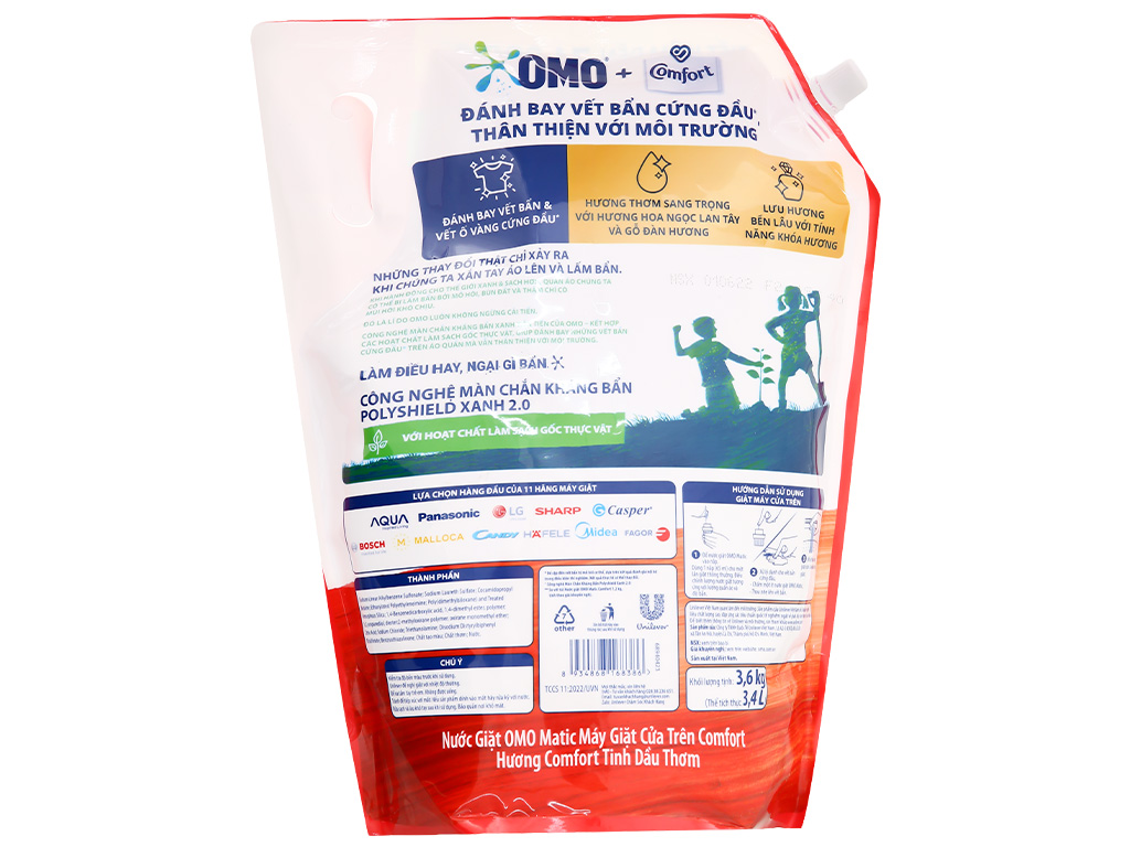 Nước giặt OMO Matic cửa trên hương Comfort tinh dầu thơm giúp quần áo sạch bẩn thơm lâu túi 3.4 lít 14