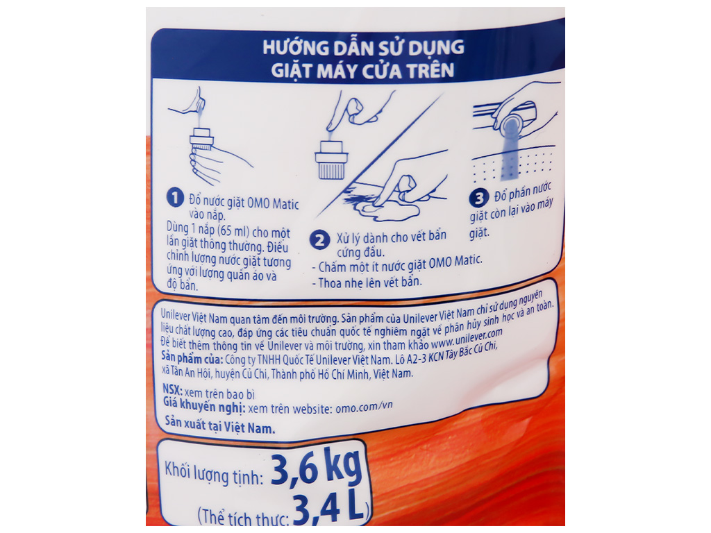 Nước giặt OMO Matic cửa trên hương Comfort tinh dầu thơm giúp quần áo sạch bẩn thơm lâu túi 3.4 lít 16