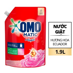 Nước giặt OMO Matic cửa trên hương hoa hồng Ecuador xoáy bay vết bẩn và hương thơm bền lâu túi 1.9 lít
