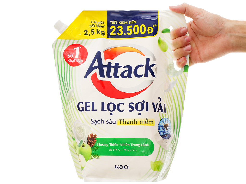 Gel giặt Attack Sạch sâu thanh mềm Hương thiên nhiên trong lành túi 2.5kg