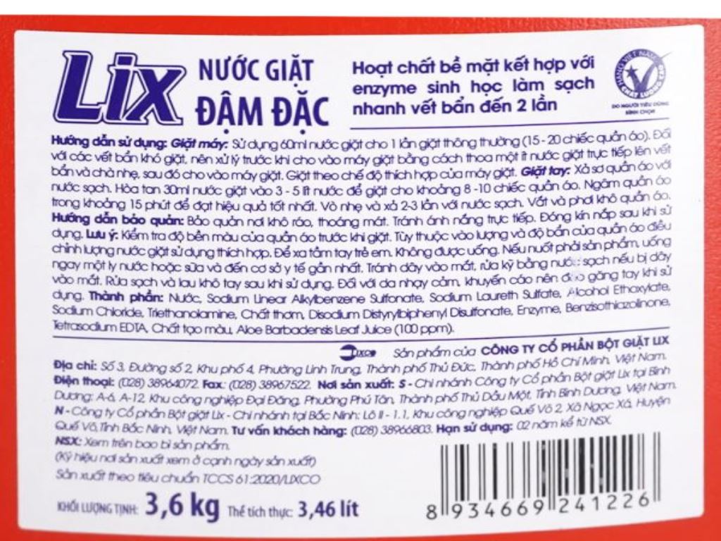 Nước giặt Lix đậm đặc can 3.46 lít 6