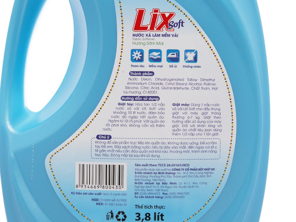 Nước xả vải Lix Soft hương sớm mai can 3.8 lít 3