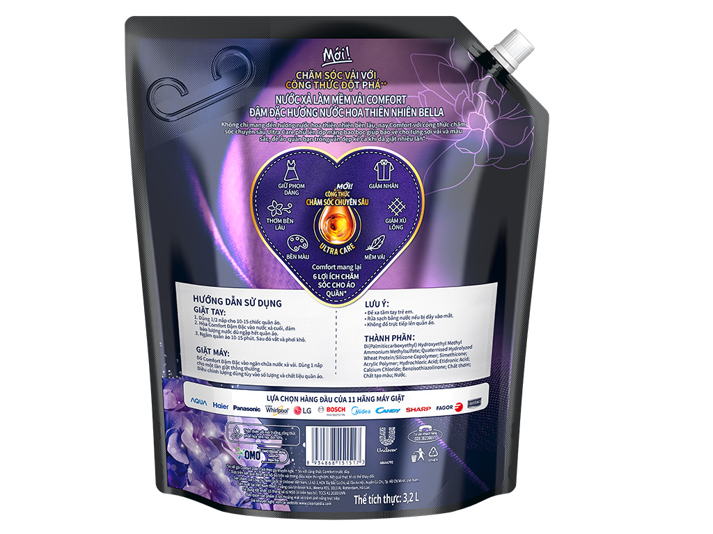 Nước xả vải Comfort giữ màu và bền vải hương nước hoa thiên thiên Bella với công thức chăm sóc chuyên sâu túi 3.2 lít 3