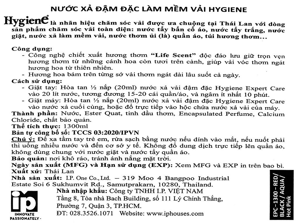 Nước xả vải Hygiene Expert Care đen hương hoa túi 1.3 lít 3