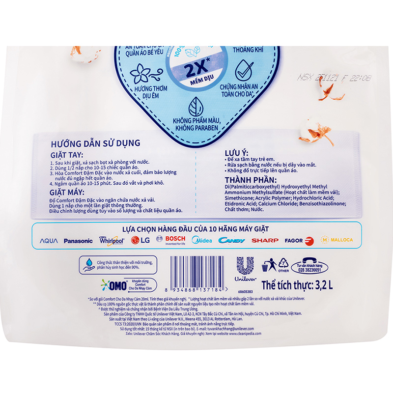 Nước xả quần áo cho bé Comfort cho da nhạy cảm hương phấn dịu nhẹ túi 2.6 lít 19