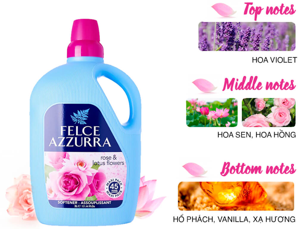 Nước xả vải đậm đặc nước hoa Felce Azzurra hương hồng sen chai 3 lít 2
