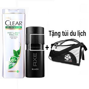 Combo dầu gội sạch gàu Clear mát lạnh bạc hà 370g và xịt khử mùi Axe Black 150ml (Tặng túi du lịch)