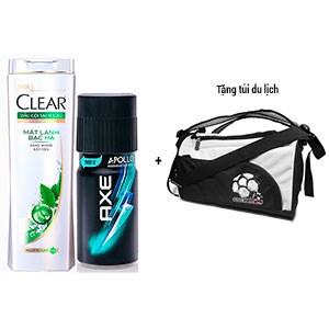 Combo dầu gội sạch gàu Clear mát lạnh bạc hà 370g và xịt khử mùi Axe Apollo 150ml (Tặng túi du lịch)