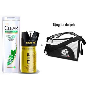 Combo dầu gội Clear bạc hà 370g & xịt khử mùi AXE Gold 150ml (Tặng túi du lịch Clear)