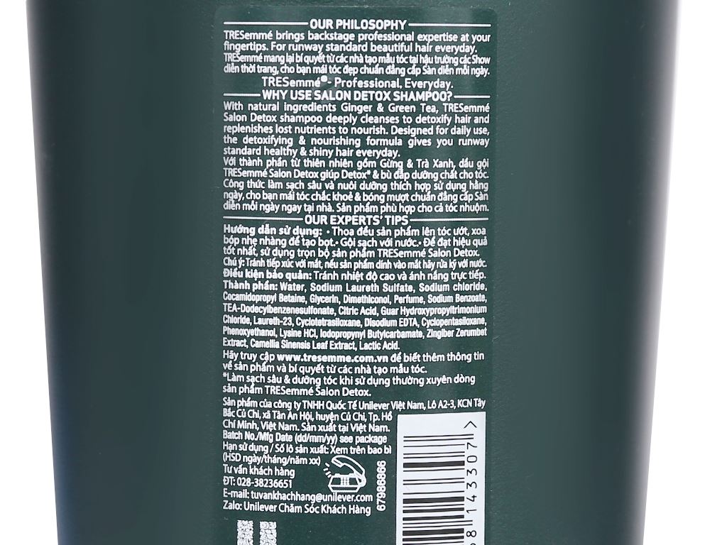 Dầu gội TRESemmé Salon Detox gừng & trà xanh dưỡng tóc chắc khỏe bóng mượt 825ml 3
