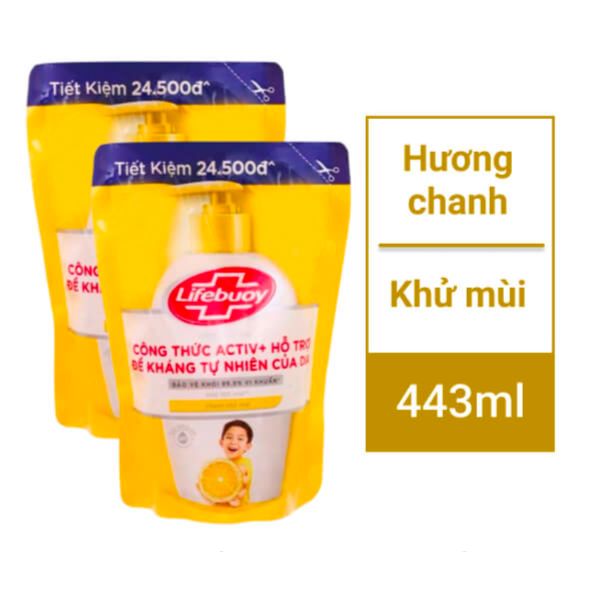 2 túi nước rửa tay Lifebuoy khử mùi chanh túi 443ml