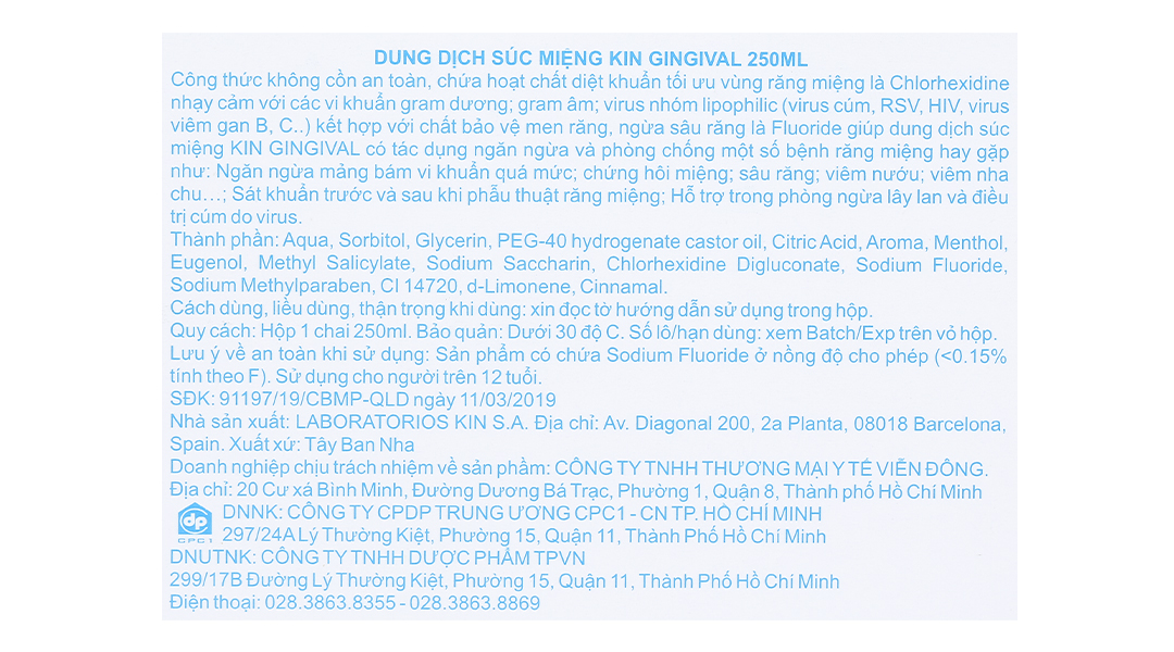 Nước súc miệng Kin Gingival ngừa viêm nướu, sâu răng chai 250ml - 10