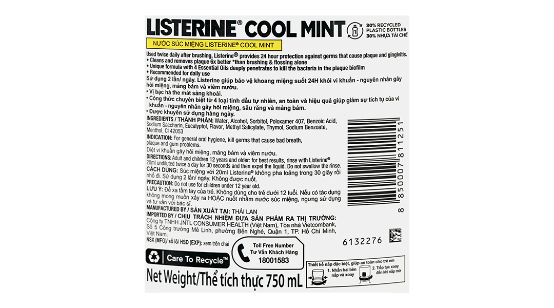 Nước súc miệng Listerine Cool Mint hơi thở thơm mát chai 250ml - 8
