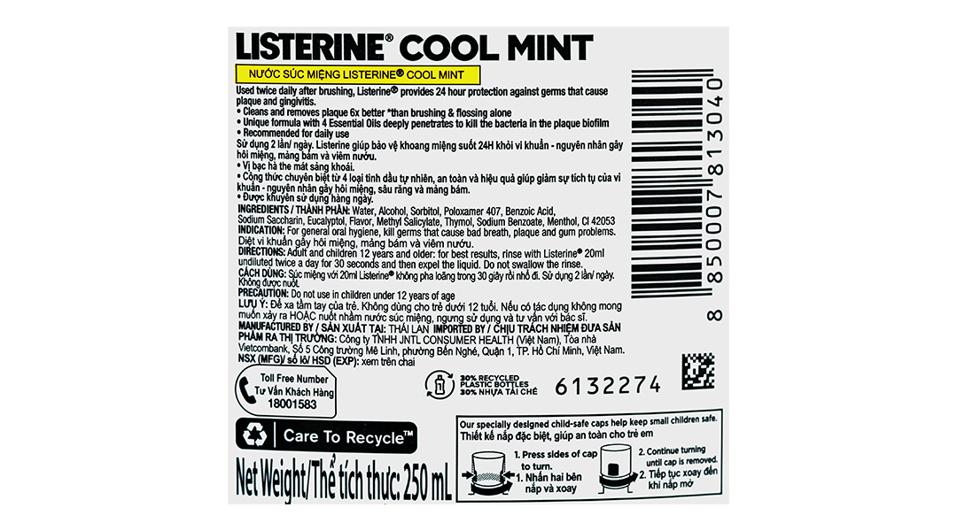 Nước súc miệng Listerine Cool Mint hơi thở thơm mát chai 250ml - 3